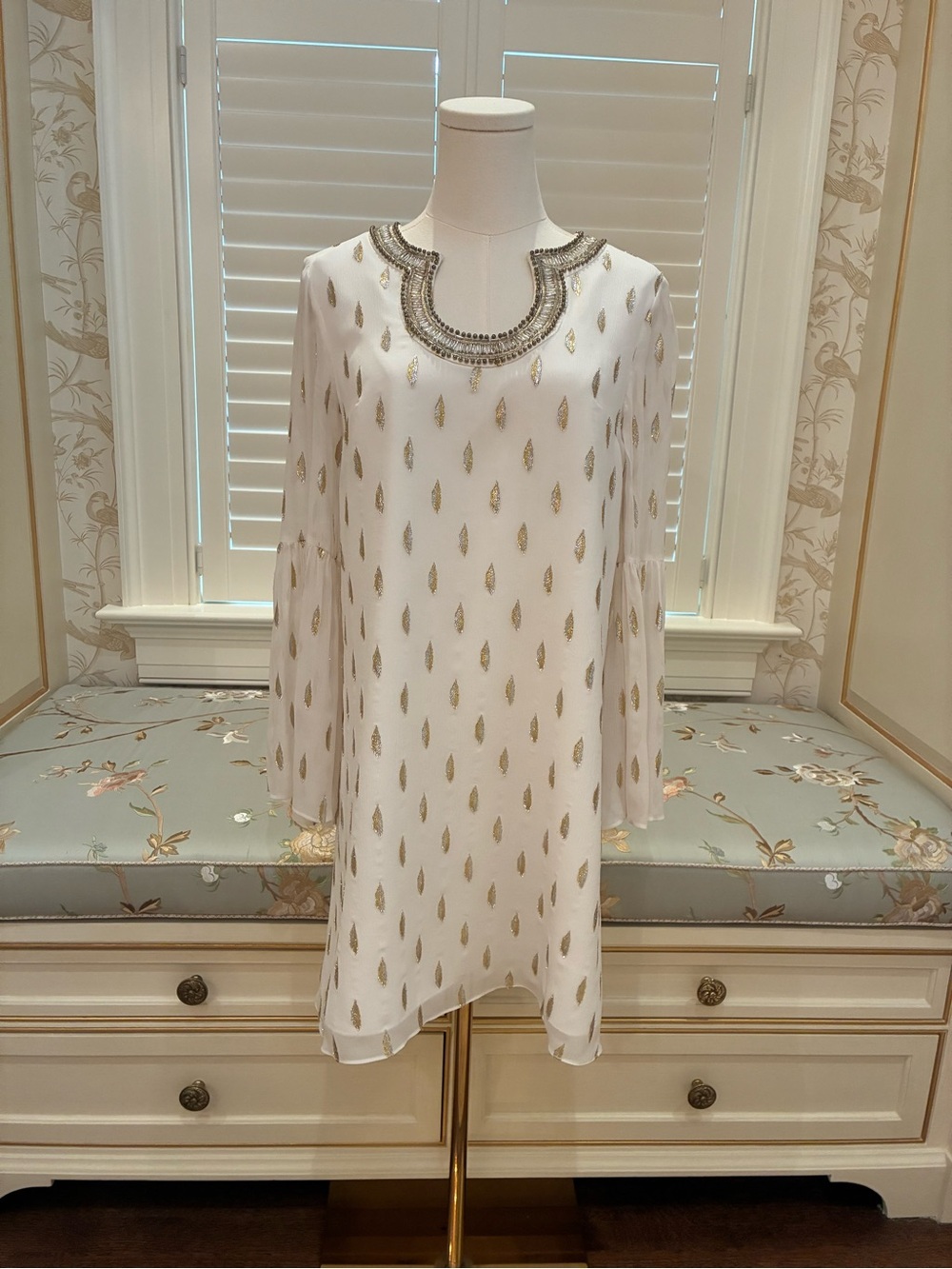 Lilly Pulitzer Amory White Silk Dress with Gold Motif and Beaded Neckline